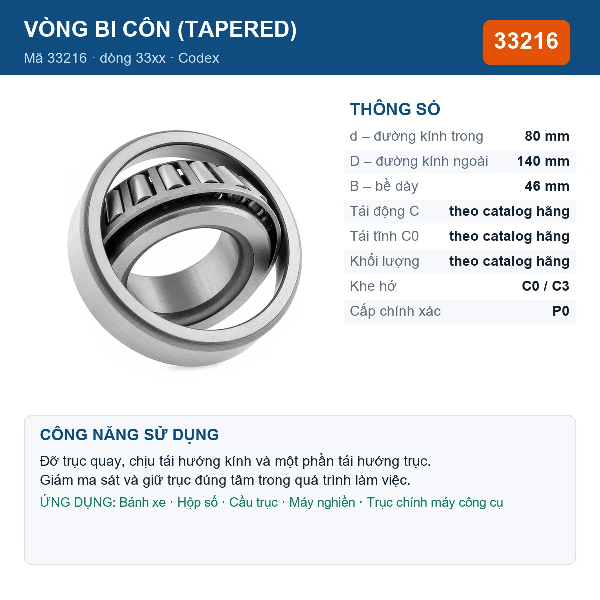 Vòng bi bạc đạn 33216 80x140x46mm Codex — kích thước 80x140x46mm