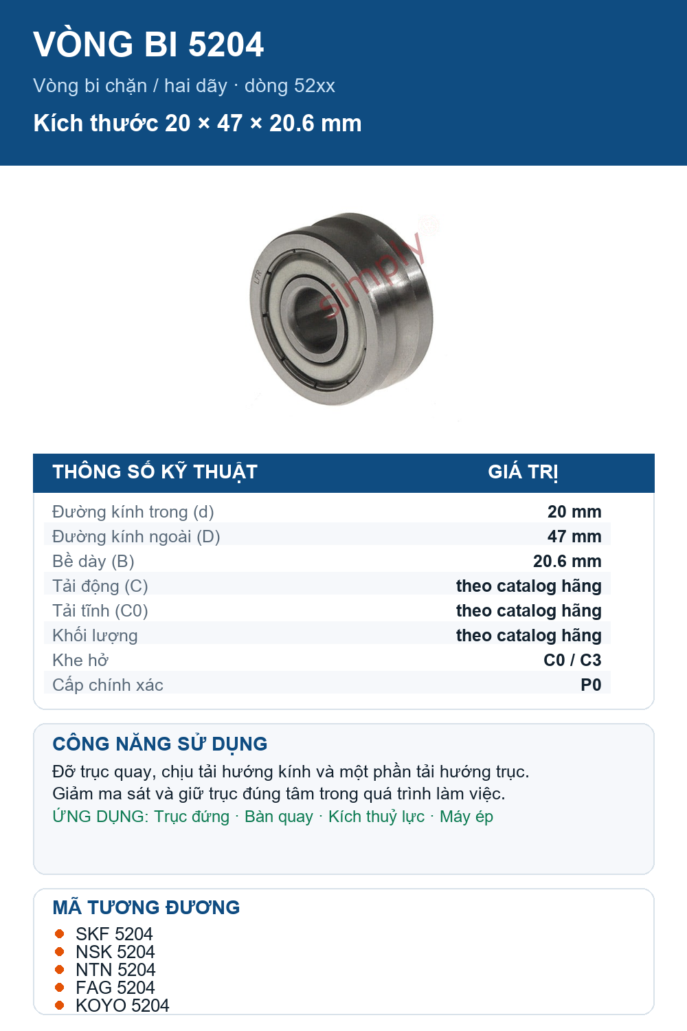 Vòng bi bạc đạn 5204 20x47x20.6mm Nachi — Ảnh thông số (Pinterest)