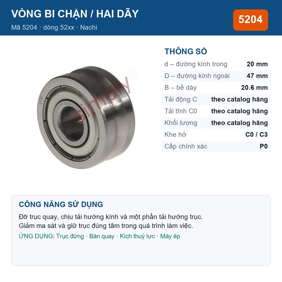 Vòng bi bạc đạn 5204 20x47x20.6mm Nachi — kích thước 20x47x20.6mm