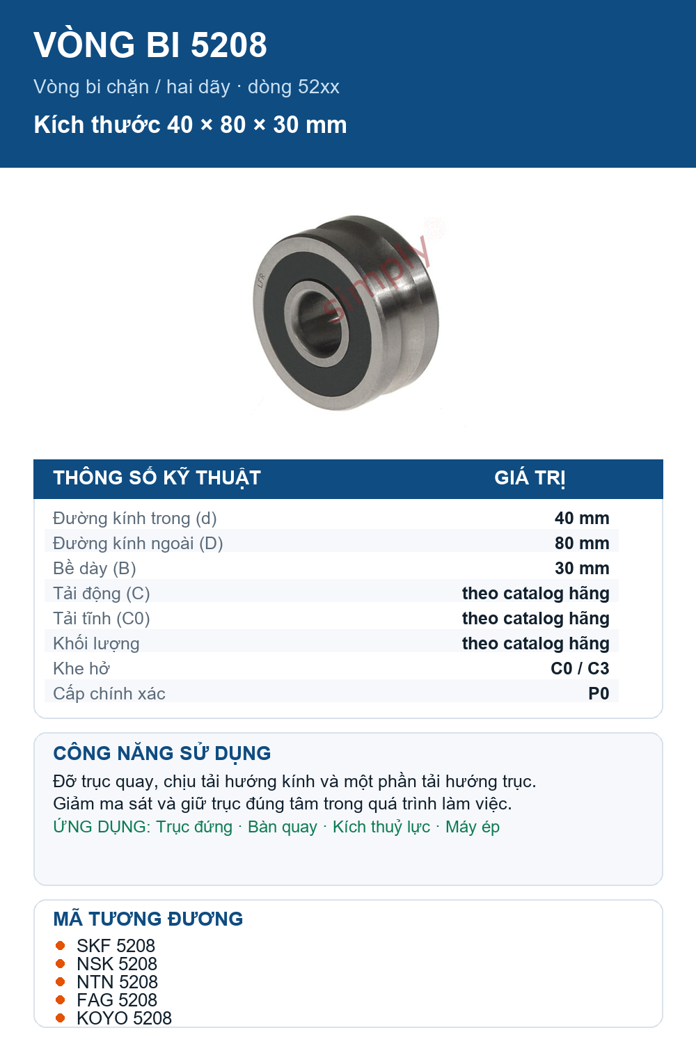 Vòng bi bạc đạn 5208 40x80x30mm Nachi — Ảnh thông số (Pinterest)