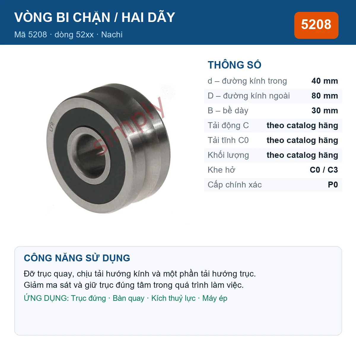 Vòng bi bạc đạn 5208 40x80x30mm Nachi — kích thước 40x80x30mm