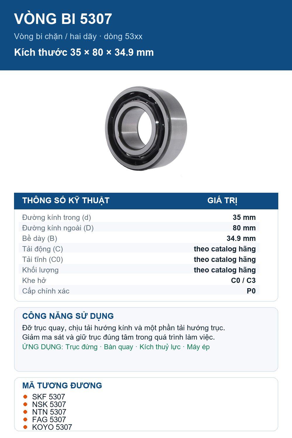Vòng bi bạc đạn 5307 35x80x34.9mm KSM — Ảnh thông số (Pinterest)