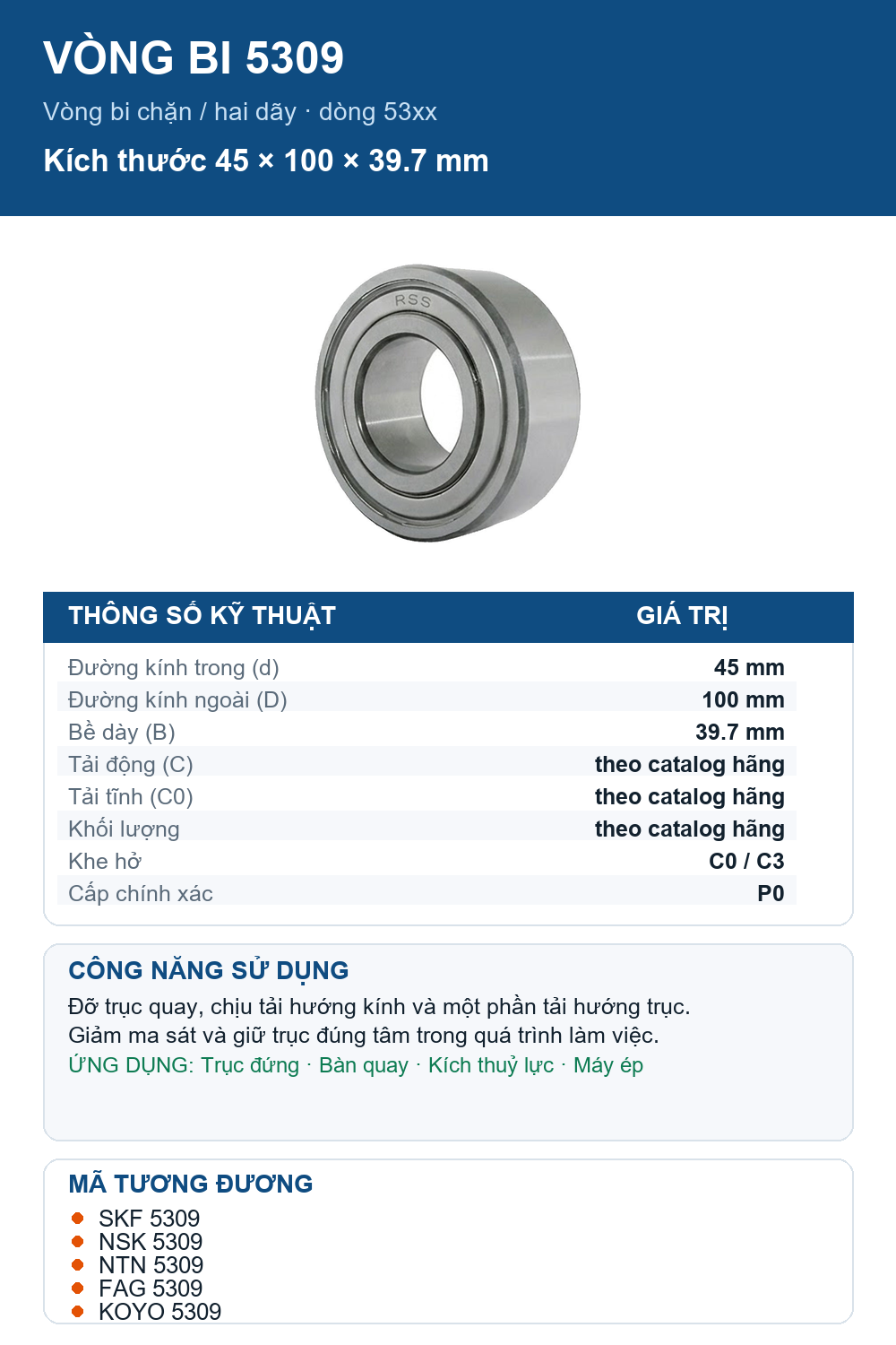Vòng bi bạc đạn 5309 45x100x39.7mm KSM — Ảnh thông số (Pinterest)