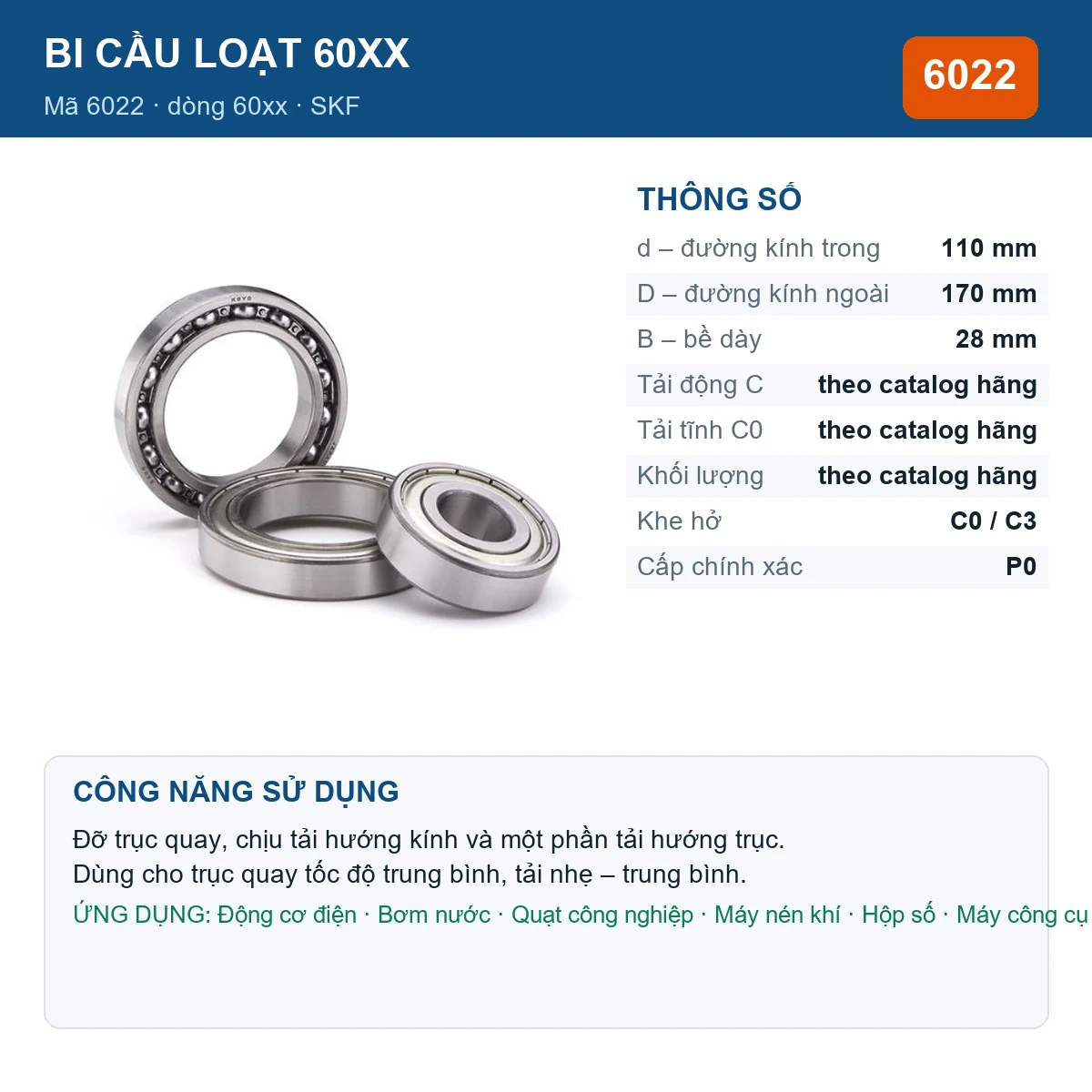 Vòng bi bạc đạn 6022 110x170x28mm SKF — Ảnh đăng sản phẩm (web)
