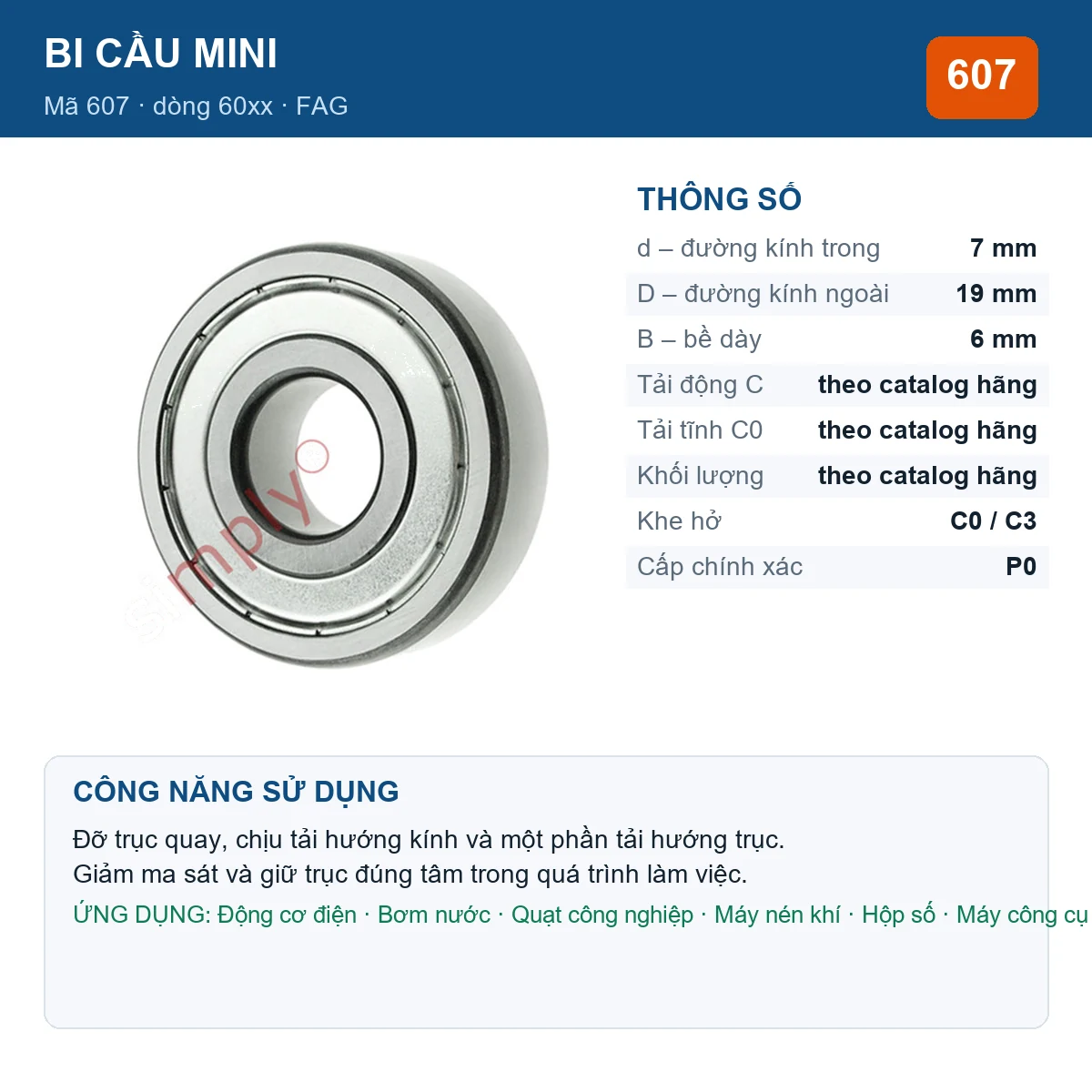 Vòng bi bạc đạn 607 7x19x6mm FAG — kích thước 7x19x6mm