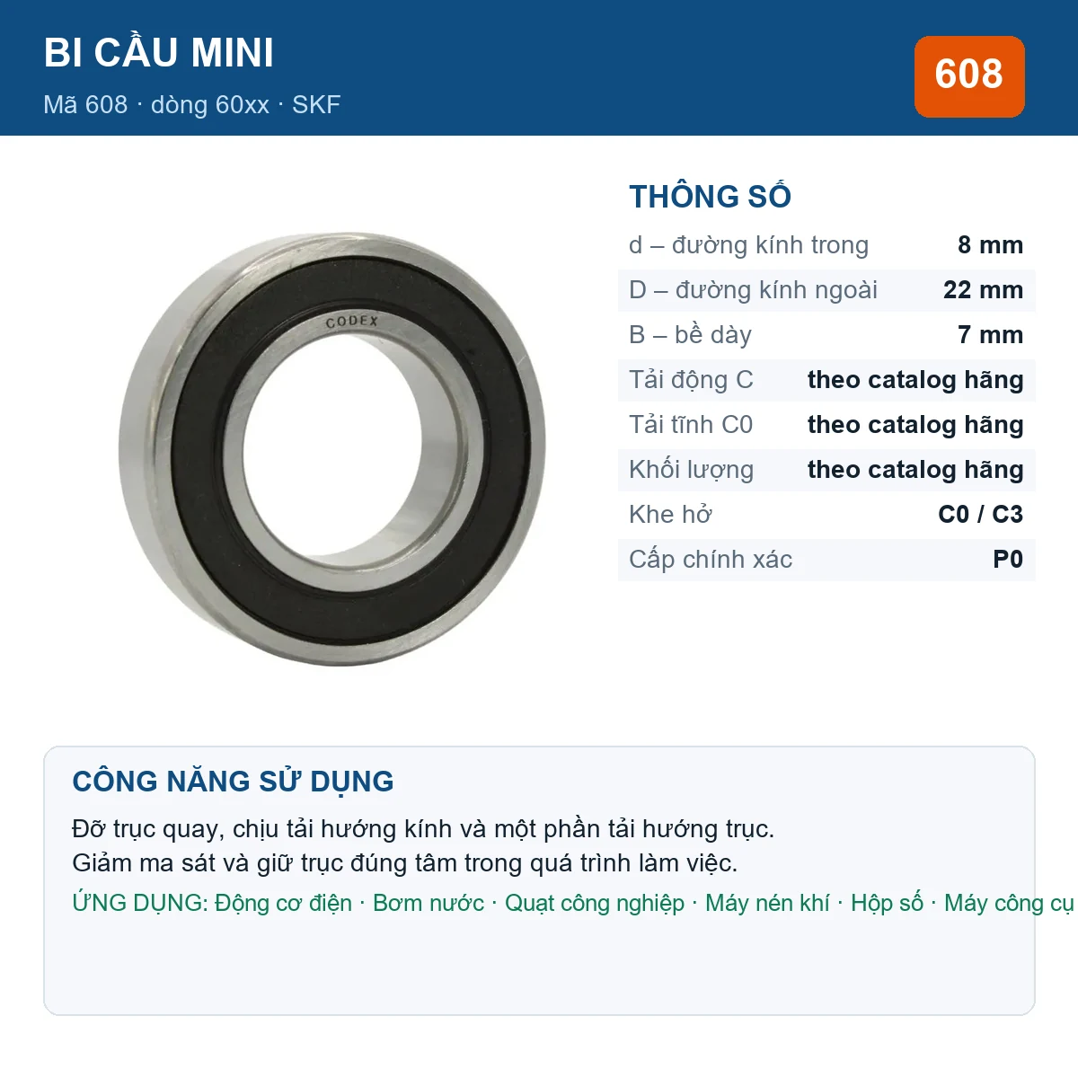 Vòng bi bạc đạn 608 8x22x7mm Codex — kích thước 8x22x7mm