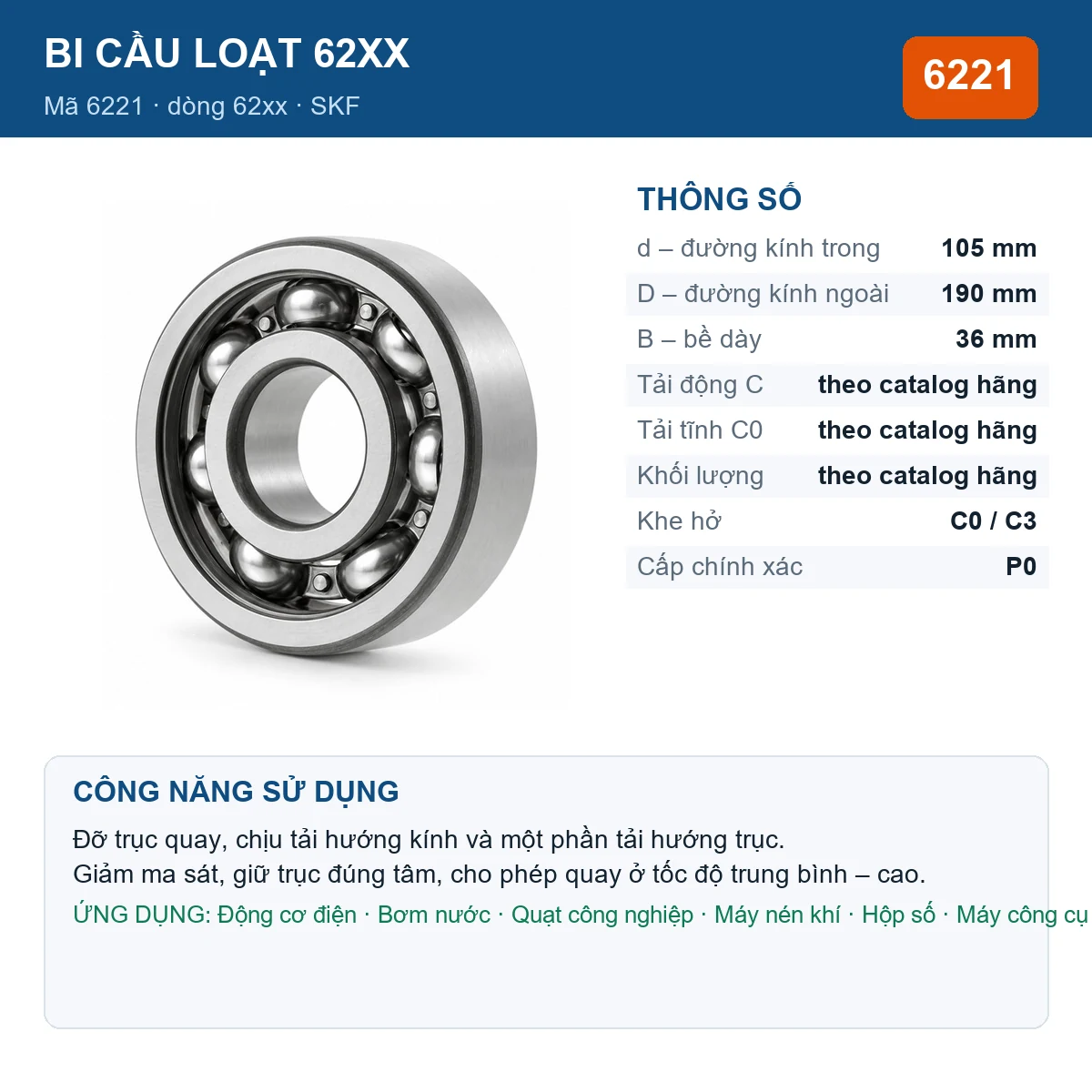 Vòng bi bạc đạn 6221 105x190x36mm SKF — kích thước 105x190x36mm