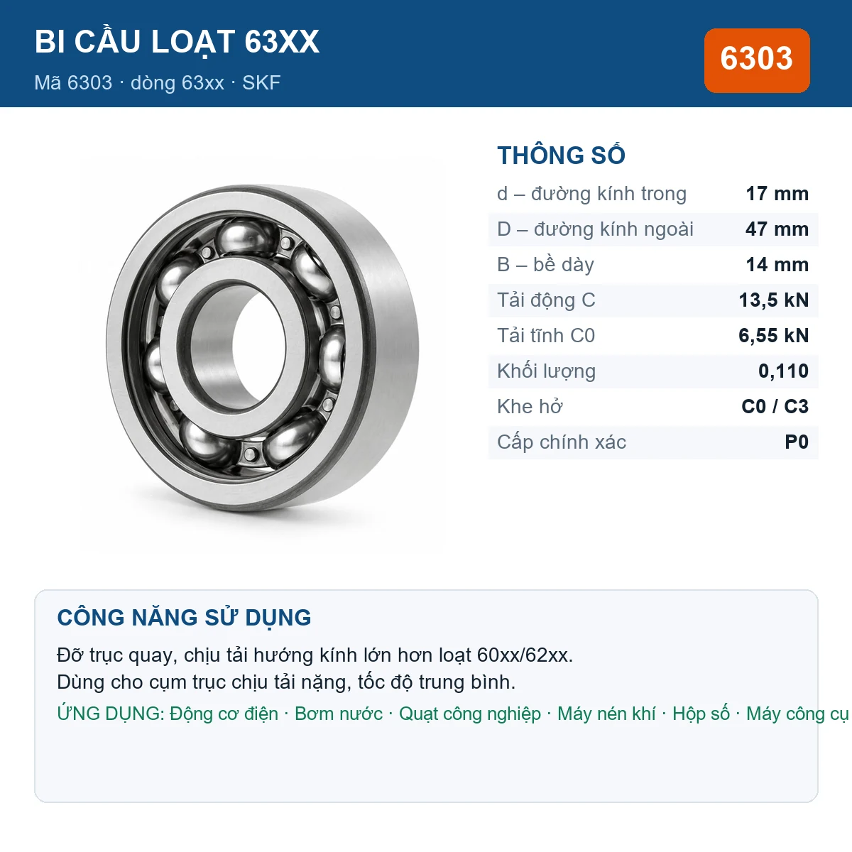 Vòng bi bạc đạn 6303 17x47x14mm SKF — ảnh sản phẩm, kích thước 17x47x14mm