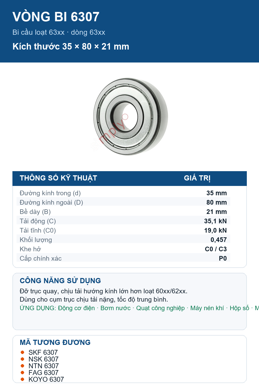 Vòng bi bạc đạn 6307 35x80x21mm Codex — Ảnh thông số (Pinterest)