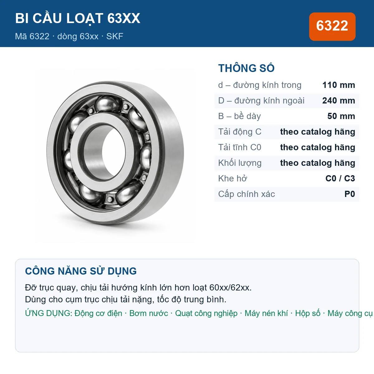 Vòng bi bạc đạn 6322 110x240x50mm SKF — ảnh sản phẩm, kích thước 110x240x50mm