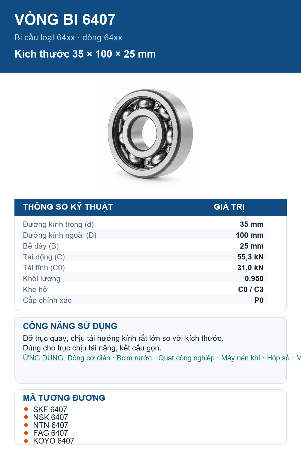 Vòng bi bạc đạn 6407 35x100x25mm SKF — Ảnh thông số (Pinterest)