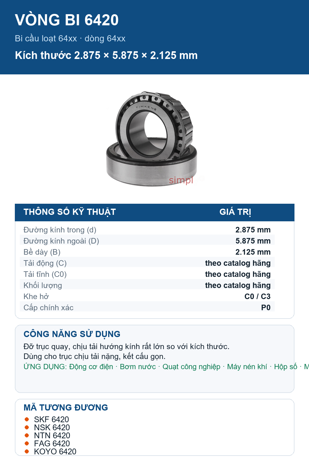Vòng bi bạc đạn 6420 2.875x5.875x2.125mm Timken — Ảnh thông số (Pinterest)