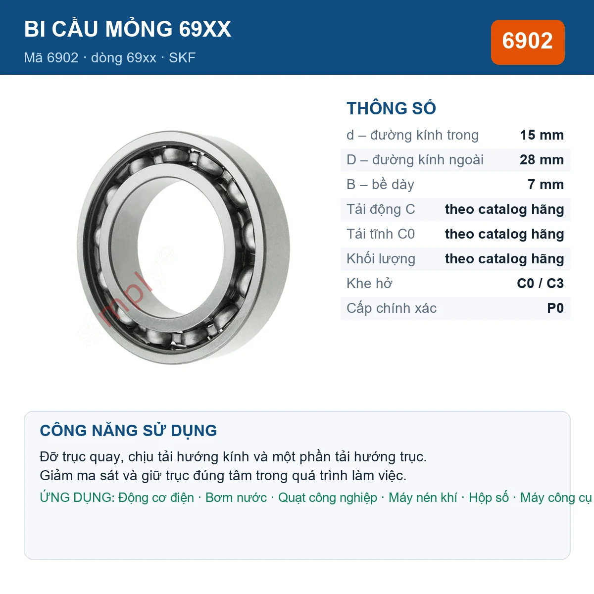Vòng bi bạc đạn 6902 15x28x7mm NSK — kích thước 15x28x7mm