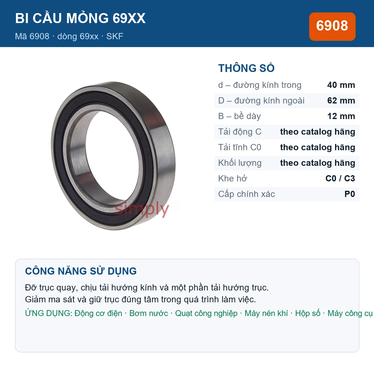 Vòng bi bạc đạn 6908 40x62x12mm Koyo — kích thước 40x62x12mm