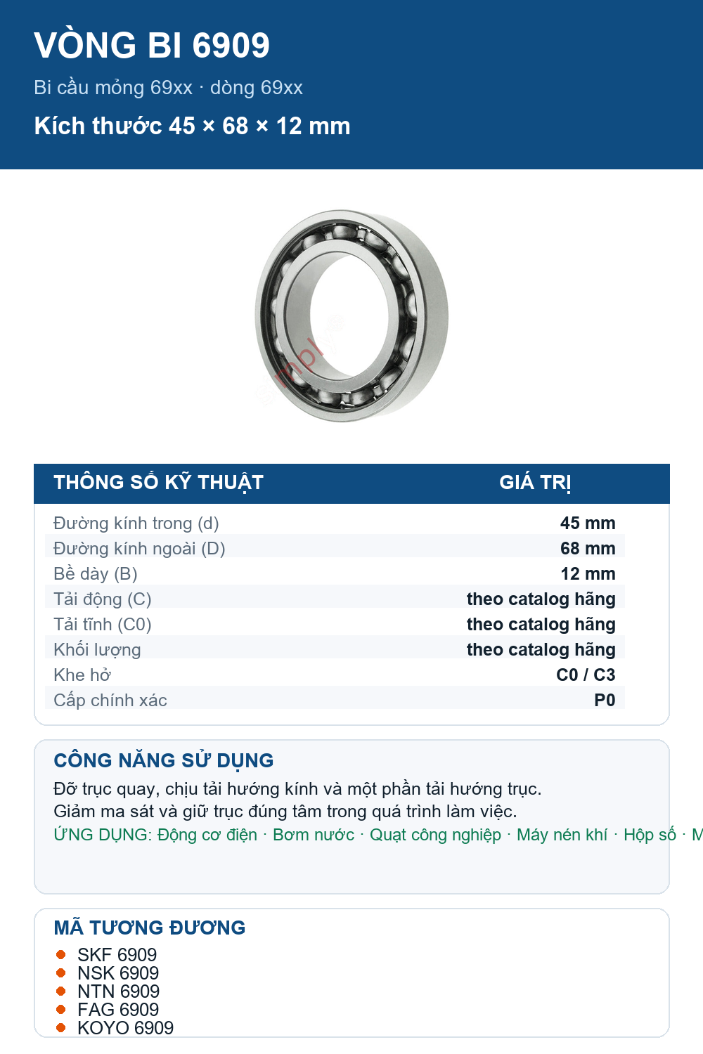 Vòng bi bạc đạn 6909 45x68x12mm NSK — Ảnh thông số (Pinterest)