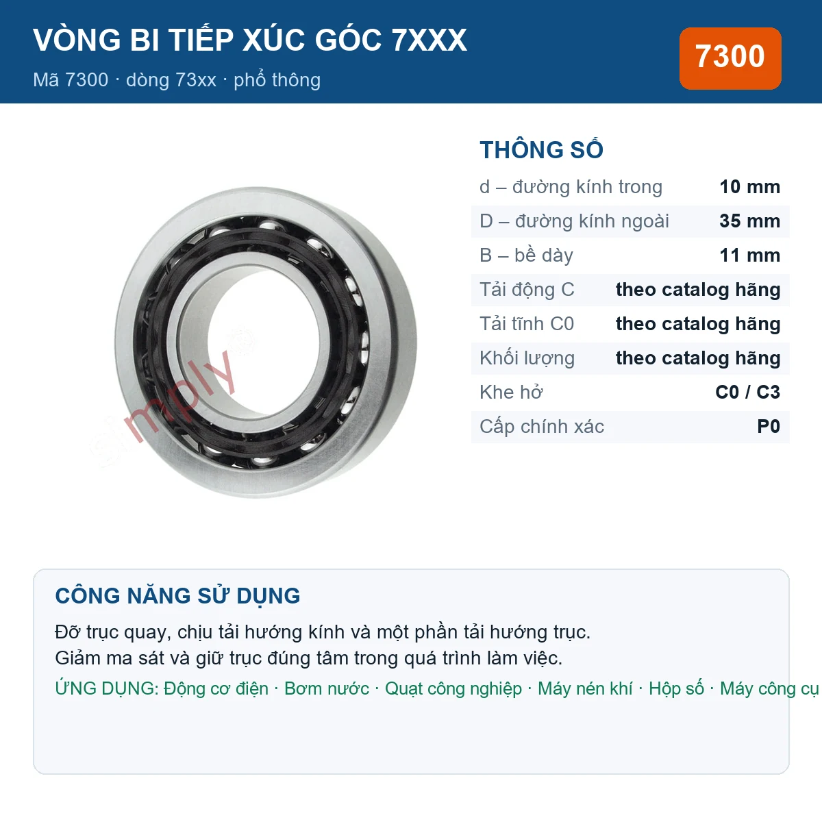 Vòng bi bạc đạn 7300 10x35x11mm Gen — kích thước 10x35x11mm