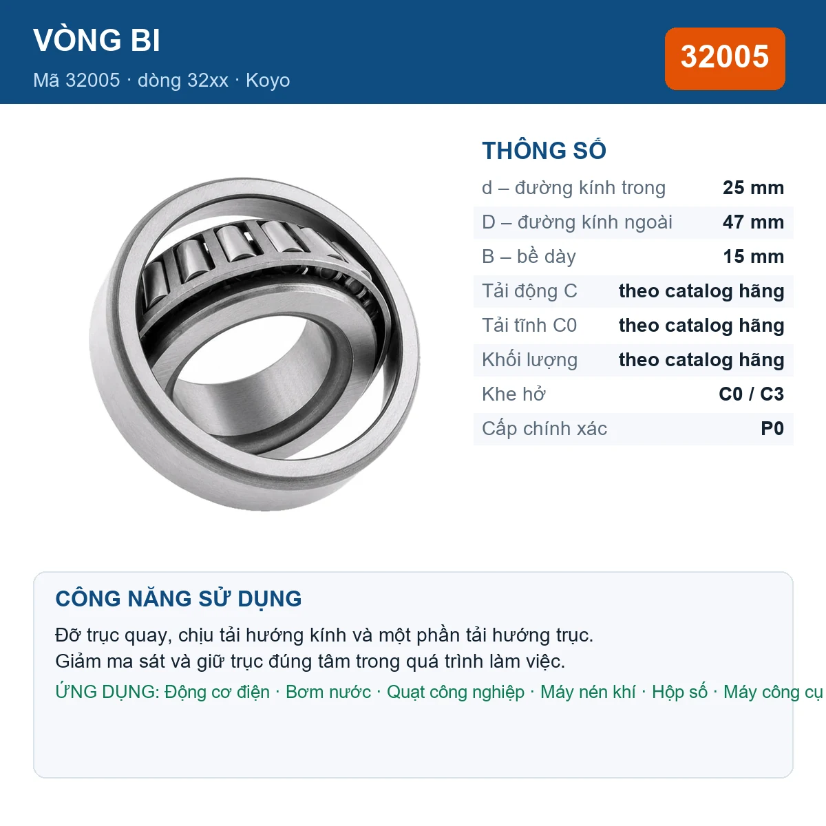 Vòng bi KOYO 32005 — kích thước 25x47x15mm