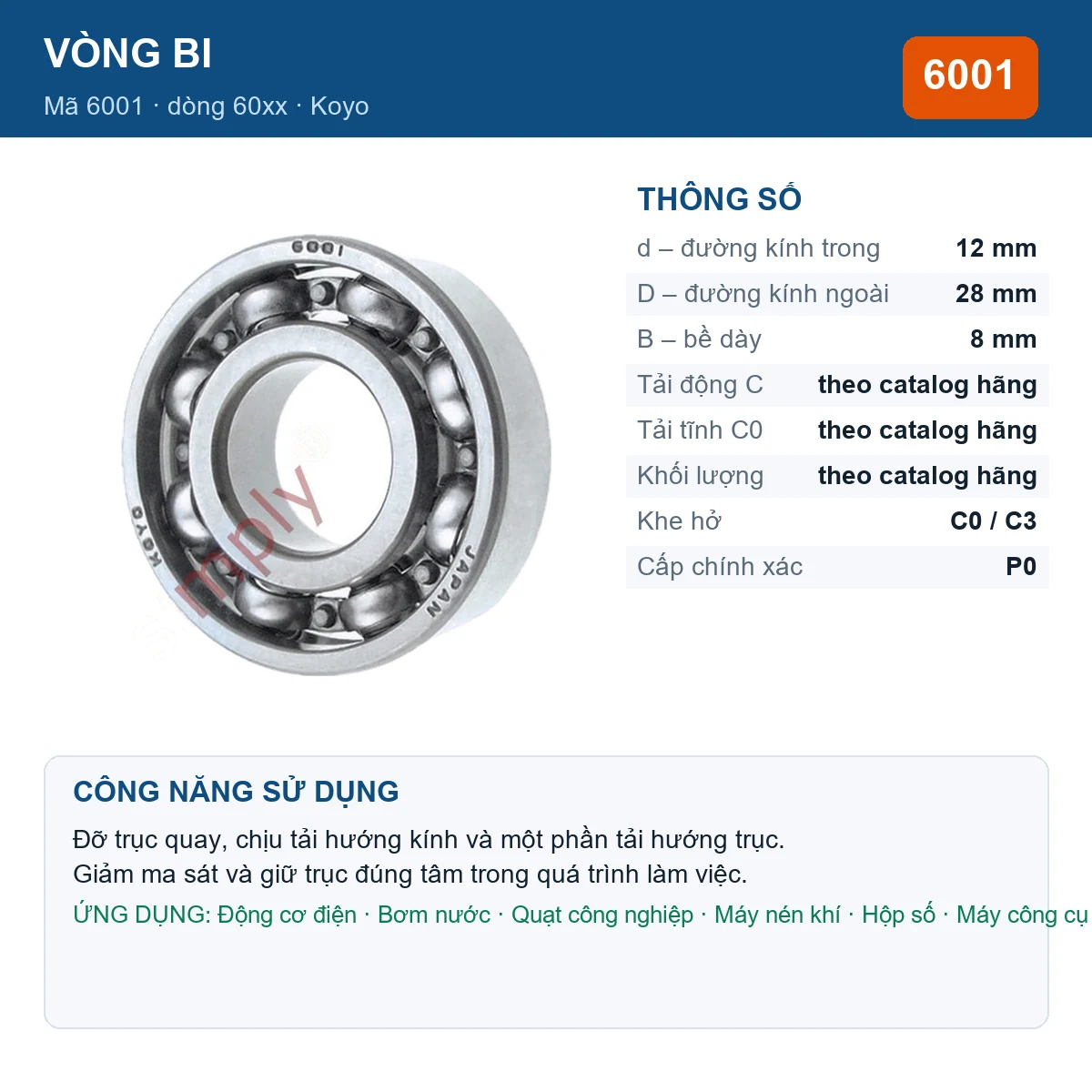 Vòng bi KOYO 6001 — kích thước 12x28x8mm