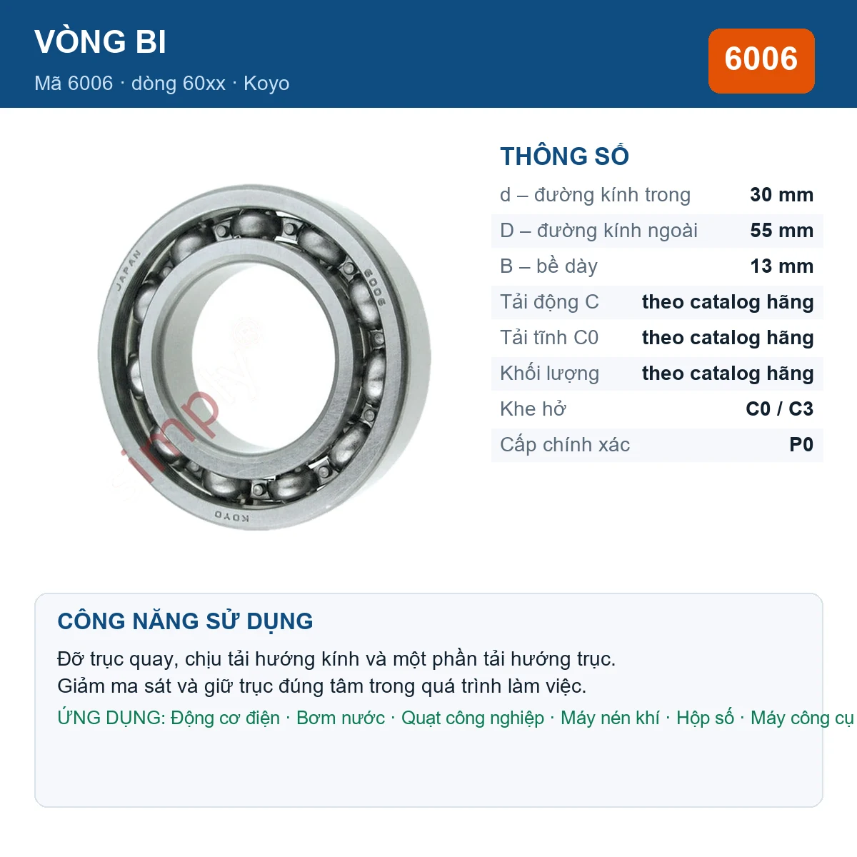 Vòng bi KOYO 6006 — kích thước 30x55x13mm