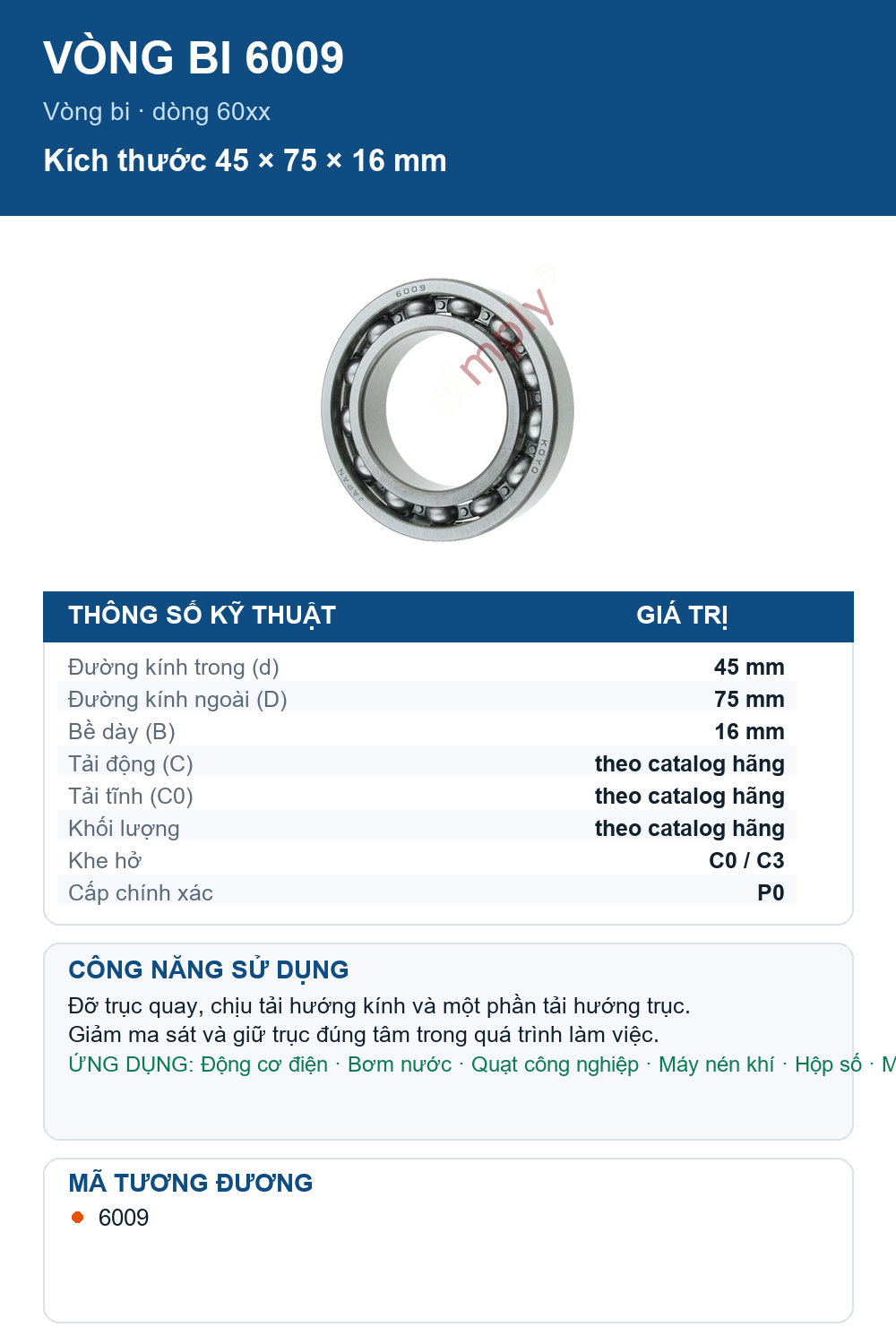 Vòng bi KOYO 6009 45x75x16mm — Ảnh thông số (Pinterest)