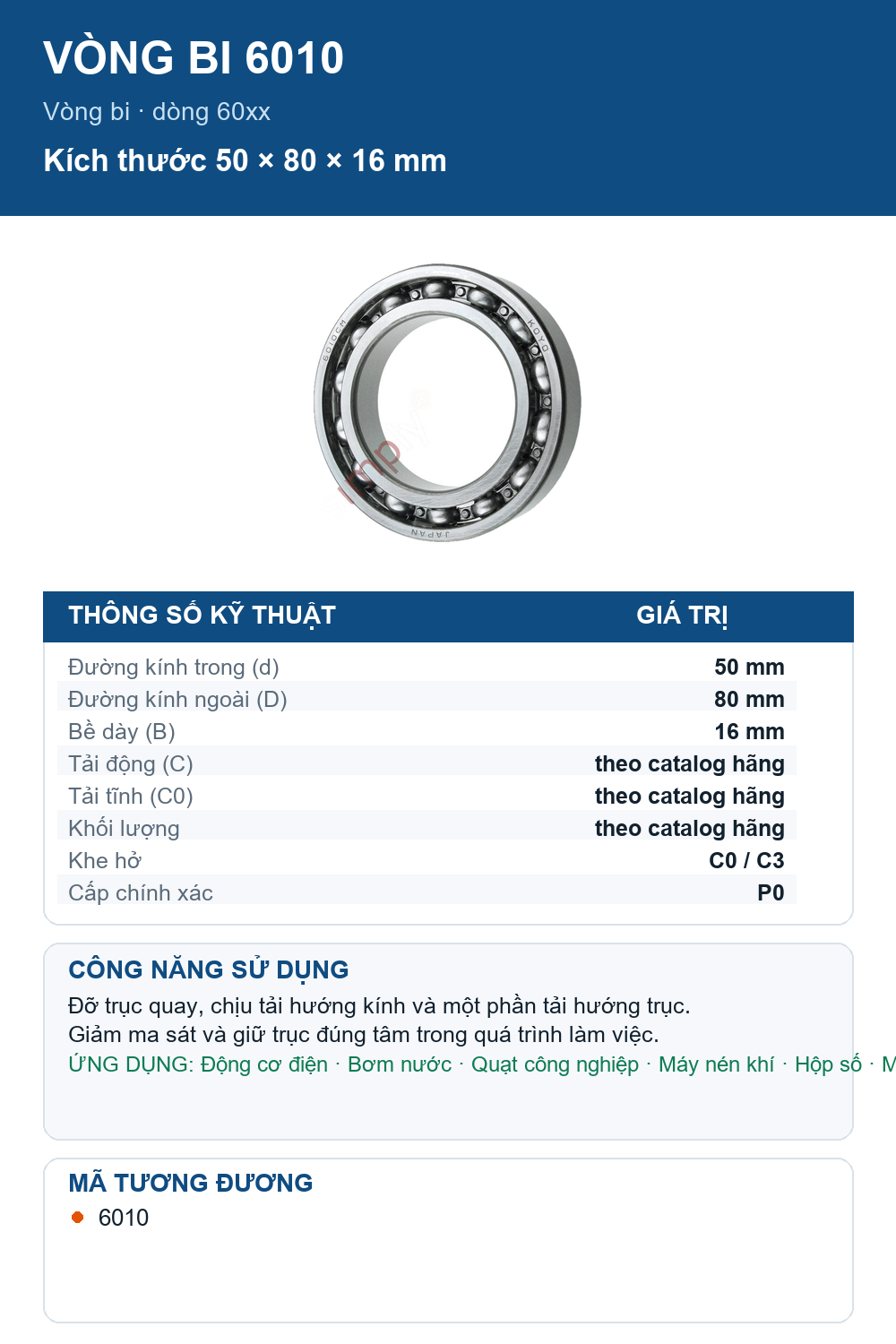 Vòng bi KOYO 6010 50x80x16mm — Ảnh thông số (Pinterest)