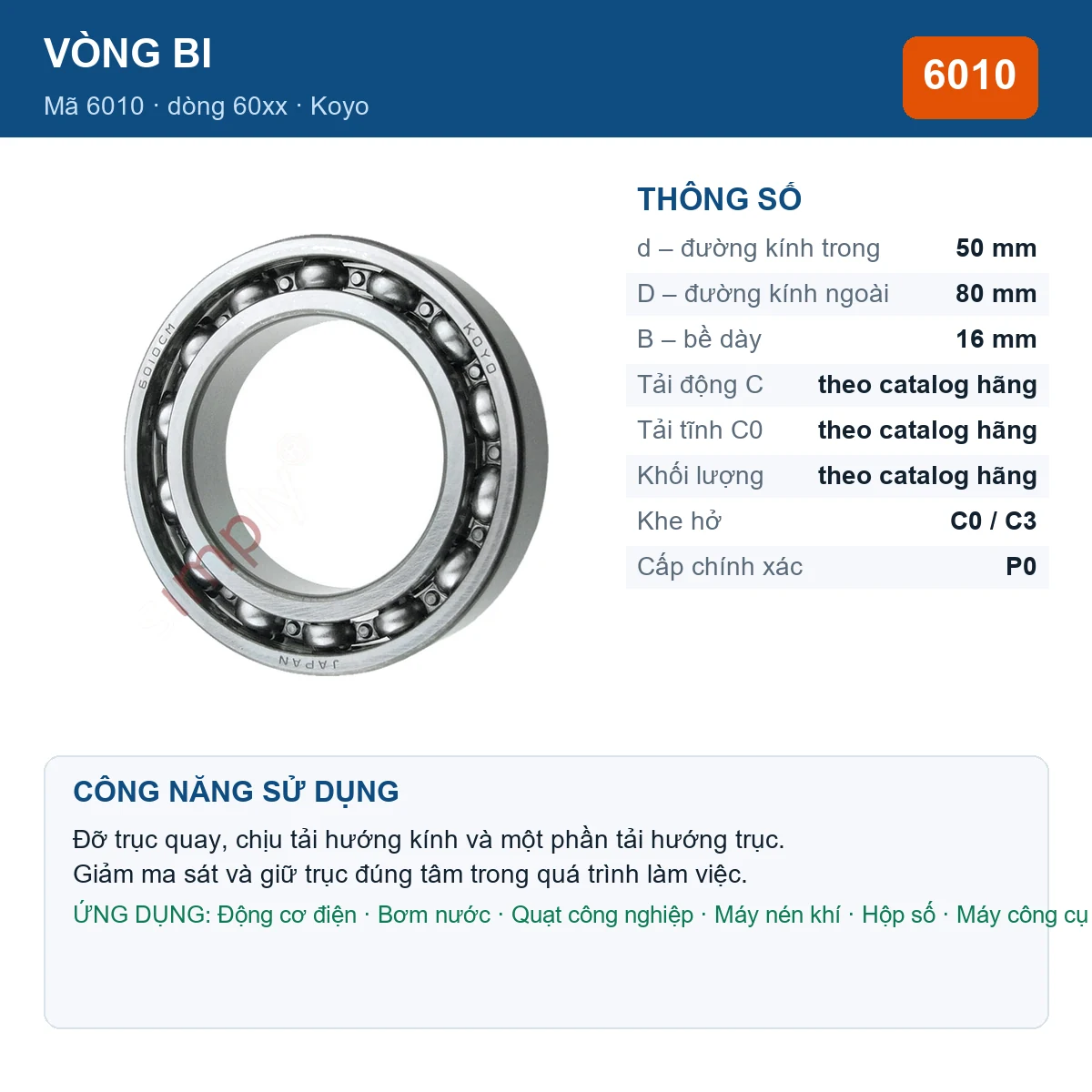 Vòng bi KOYO 6010 — kích thước 50x80x16mm