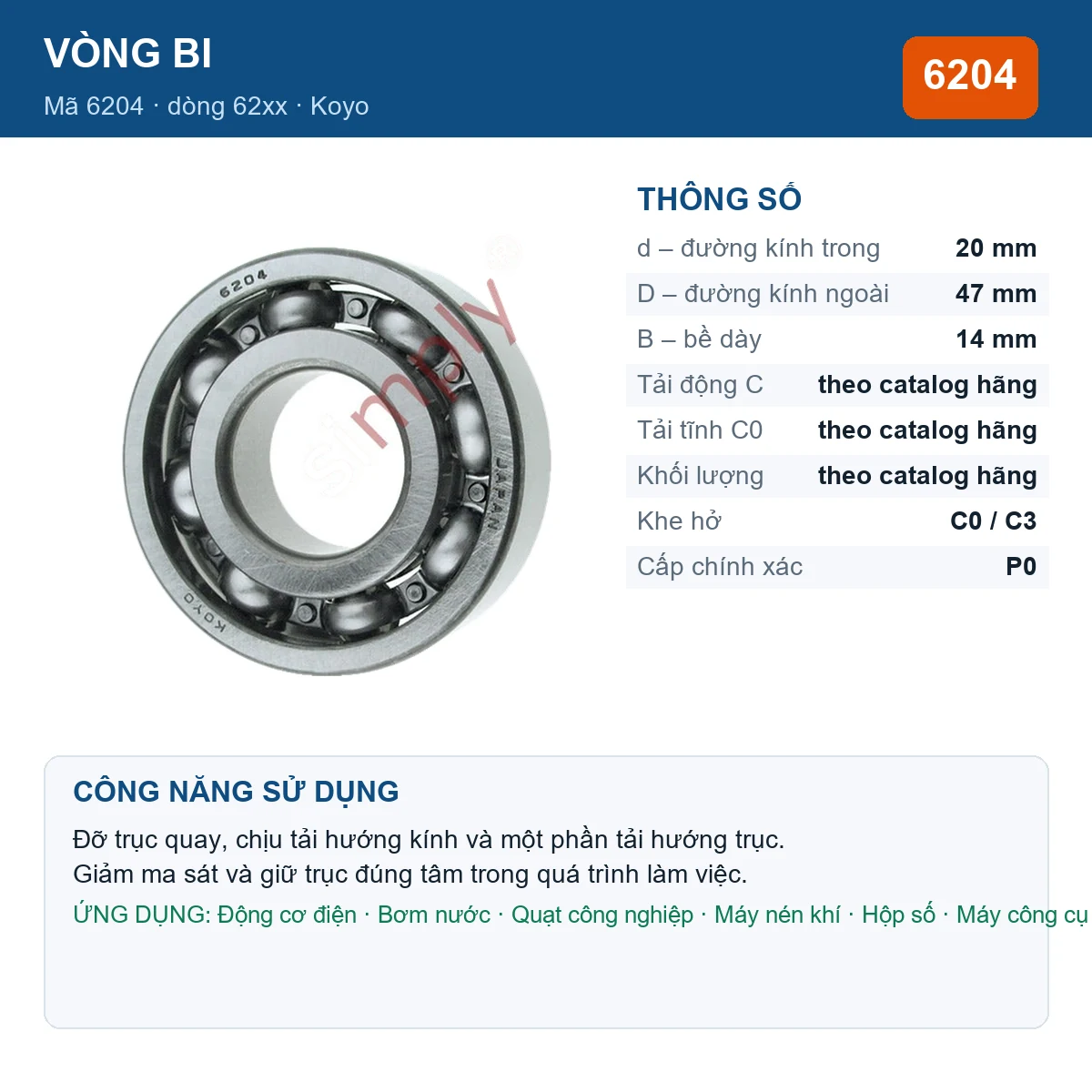 Vòng bi KOYO 6204 — kích thước 20x47x14mm