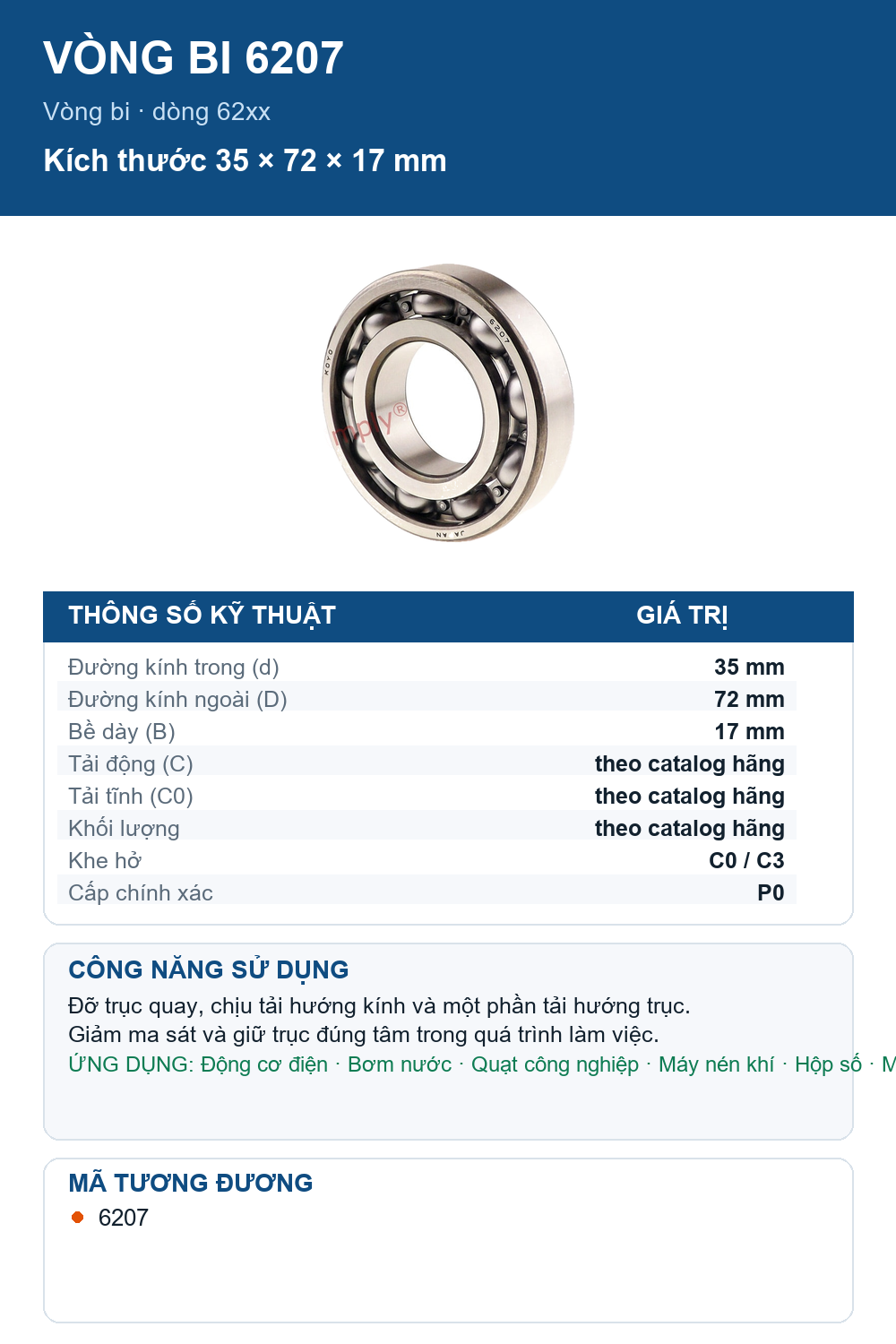 Vòng bi KOYO 6207 35x72x17mm — Ảnh thông số (Pinterest)