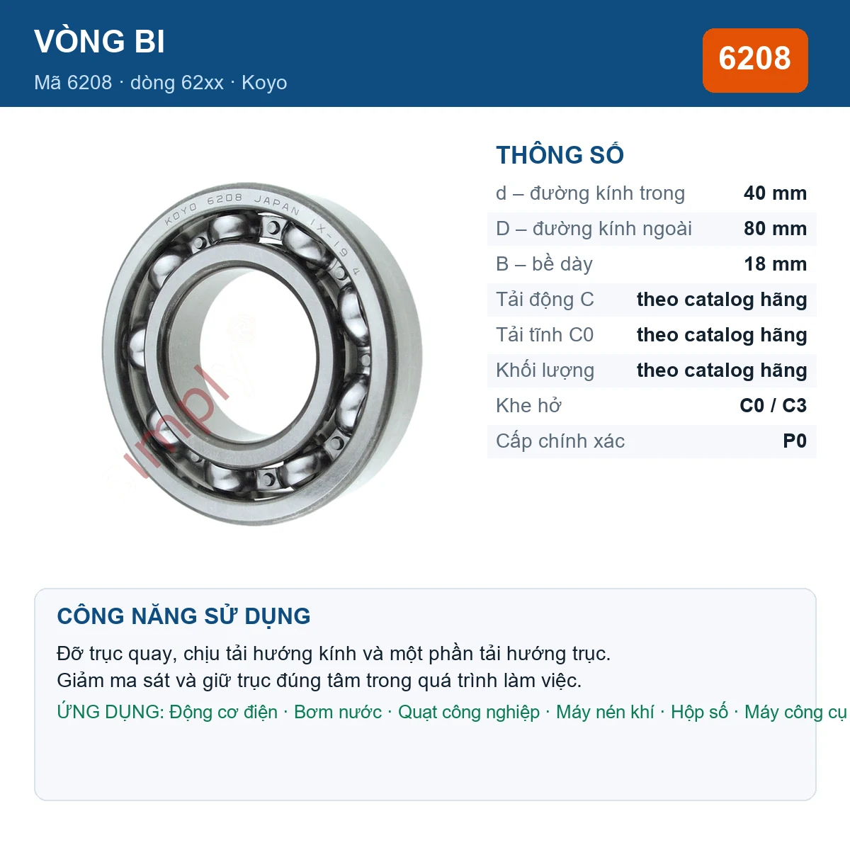 Vòng bi KOYO 6208 — kích thước 40x80x18mm