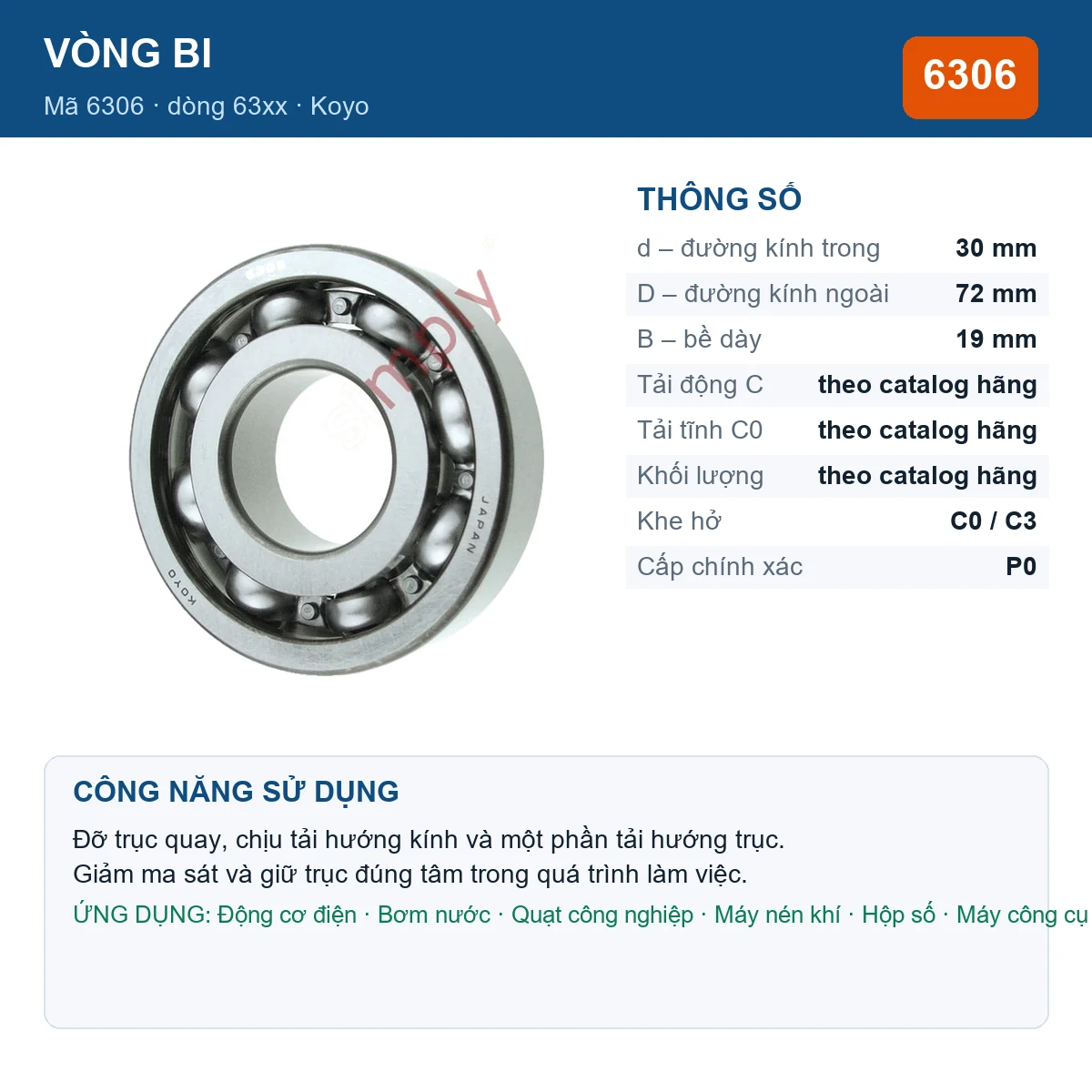 Vòng bi KOYO 6306 — kích thước 30x72x19mm