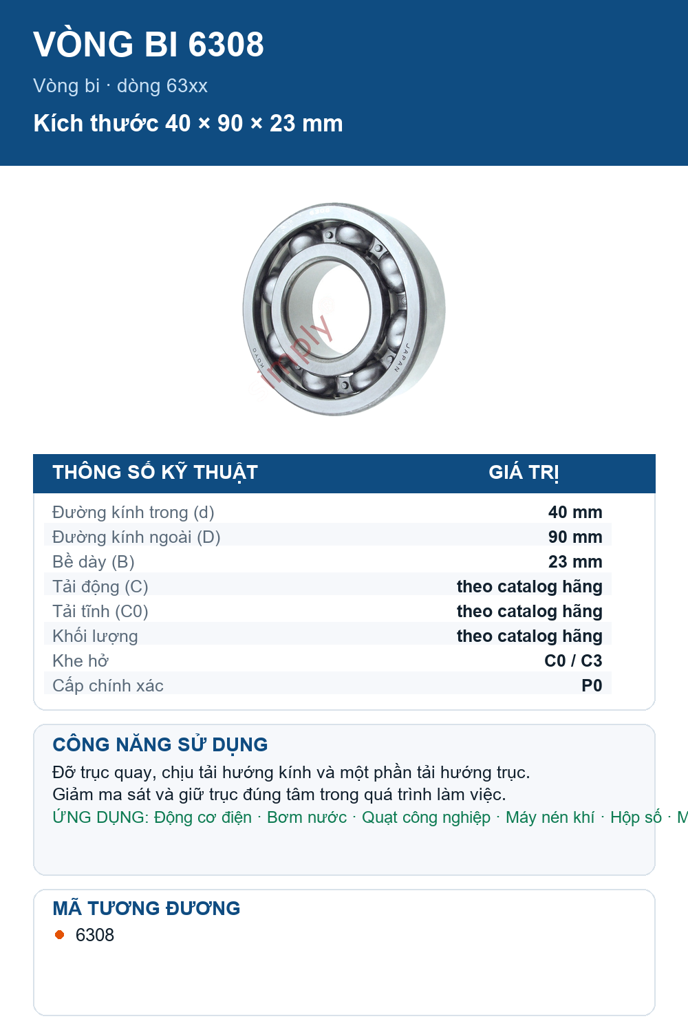 Vòng bi KOYO 6308 40x90x23mm — Ảnh thông số (Pinterest)