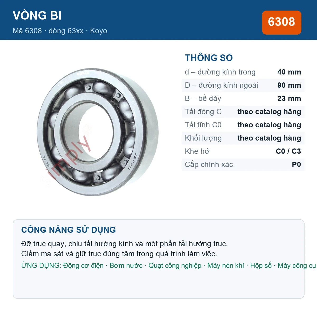 Vòng bi KOYO 6308 — kích thước 40x90x23mm