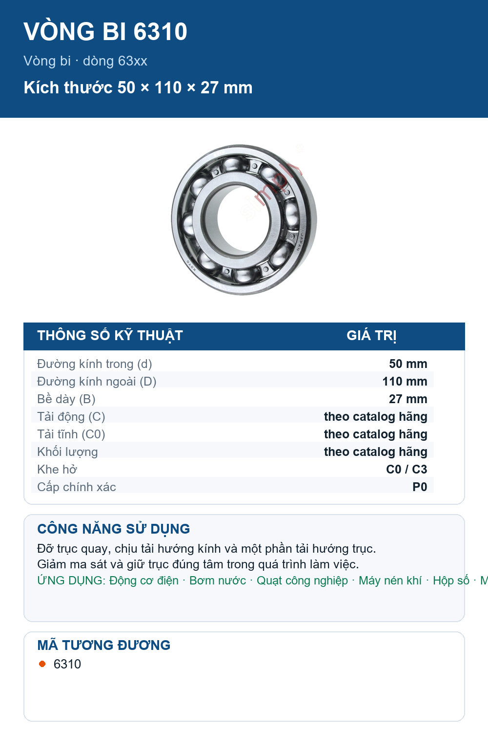 Vòng bi KOYO 6310 50x110x27mm — Ảnh thông số (Pinterest)