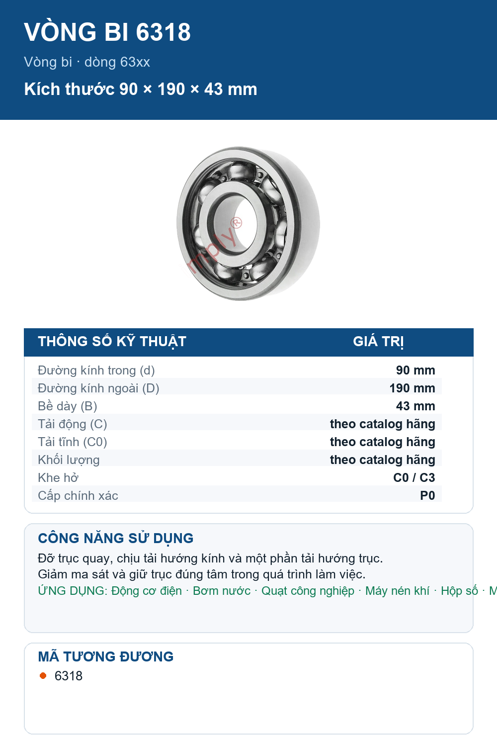 Vòng bi KOYO 6318 90x190x43mm — Ảnh thông số (Pinterest)