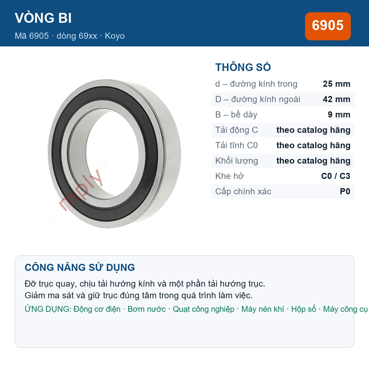 Vòng bi KOYO 6905 — kích thước 25x42x9mm