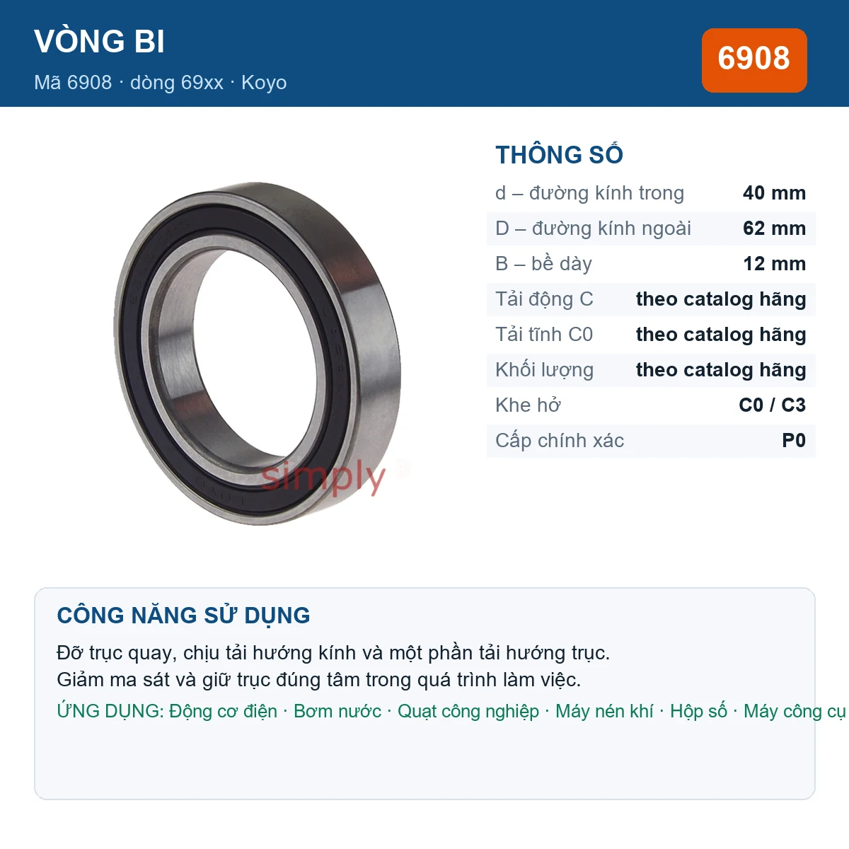Vòng bi KOYO 6908 — kích thước 40x62x12mm